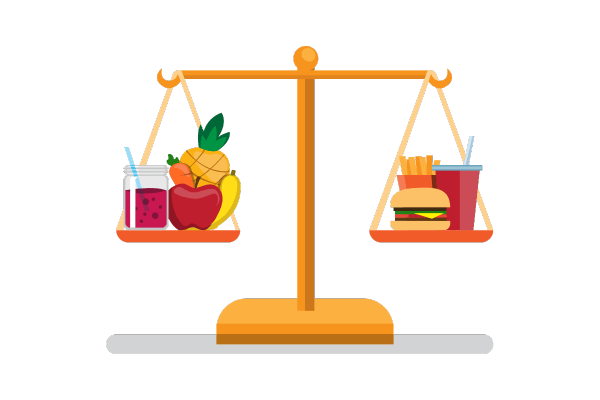 A balanced scale illustration featuring healthy foods like fruits and juice on one side, and fast food items like a burger, fries, and soda on the other side, symbolizing a comparison between healthy and unhealthy eating choices.