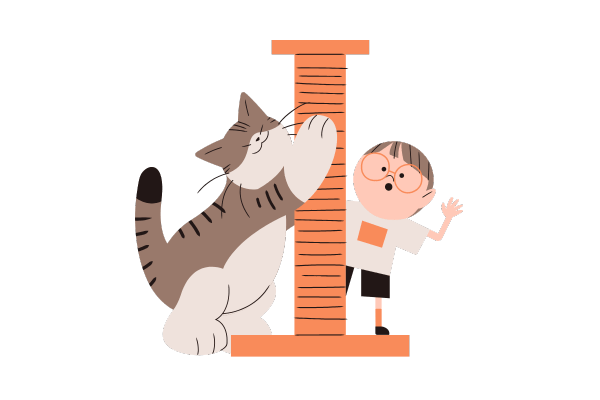 A playful illustration of a cat scratching a tall scratching post while a young child with glasses stands beside it, looking surprised and waving.