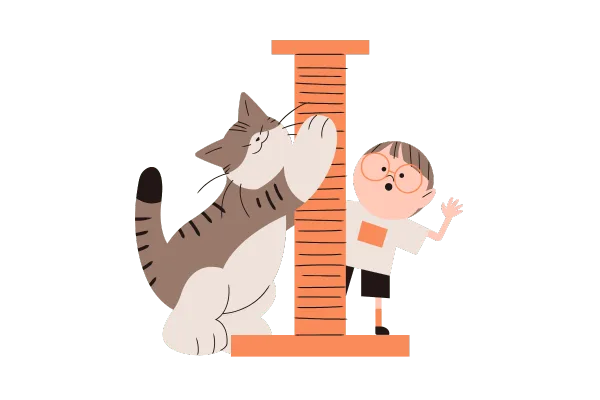 A playful illustration of a cat scratching a tall scratching post while a young child with glasses stands beside it, looking surprised and waving.