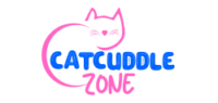 Logo for 'Cat Cuddle Zone' featuring a stylized pink cat outline forming the letter 'C' around the bold text 'CATCUDDLE' in blue and 'ZONE' in pink. The design has a playful and friendly feel.