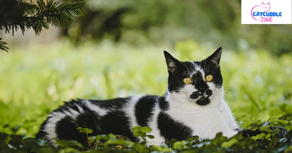 a black and white cat lying in the grass